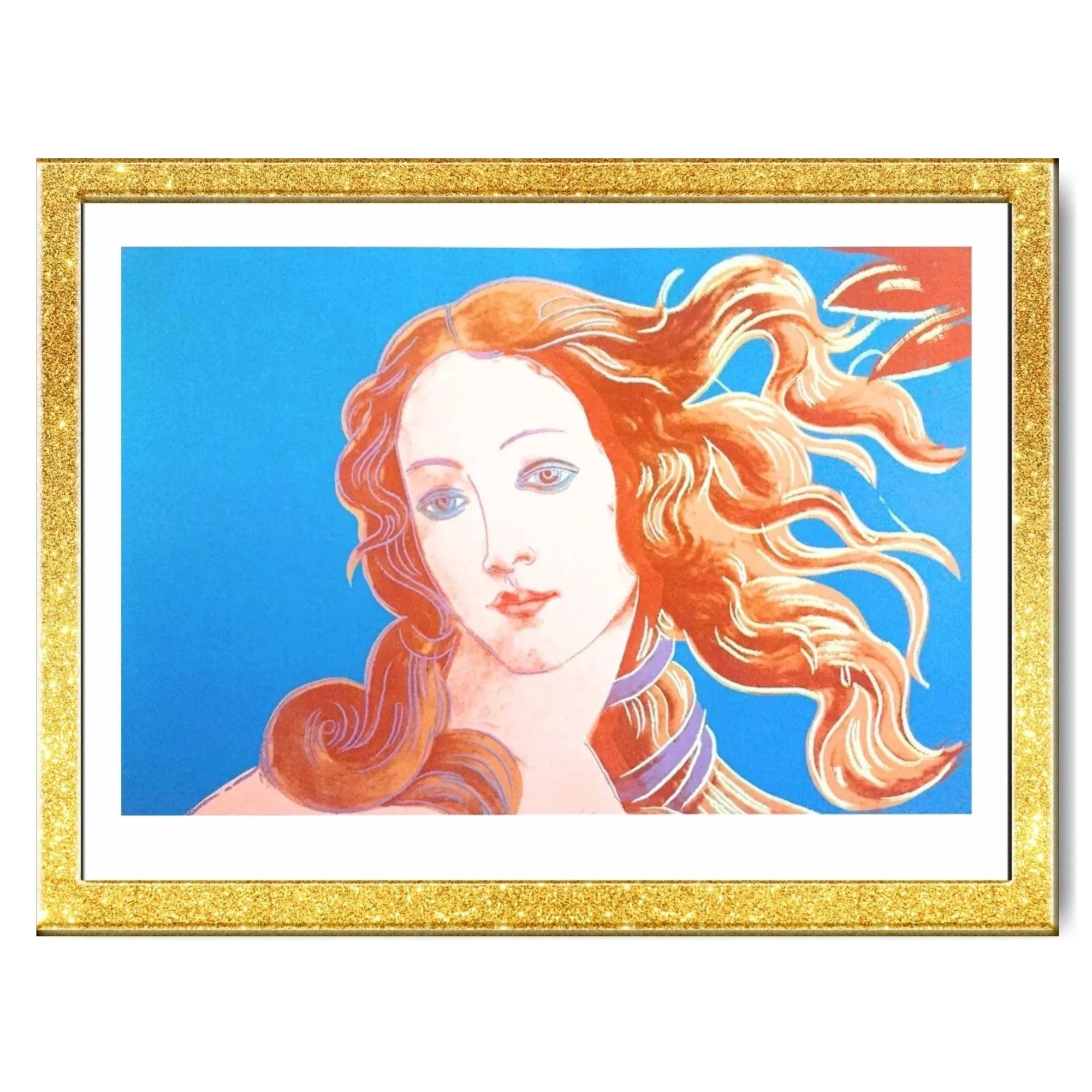 Framed artwork of a woman with flowing hair against a blue background